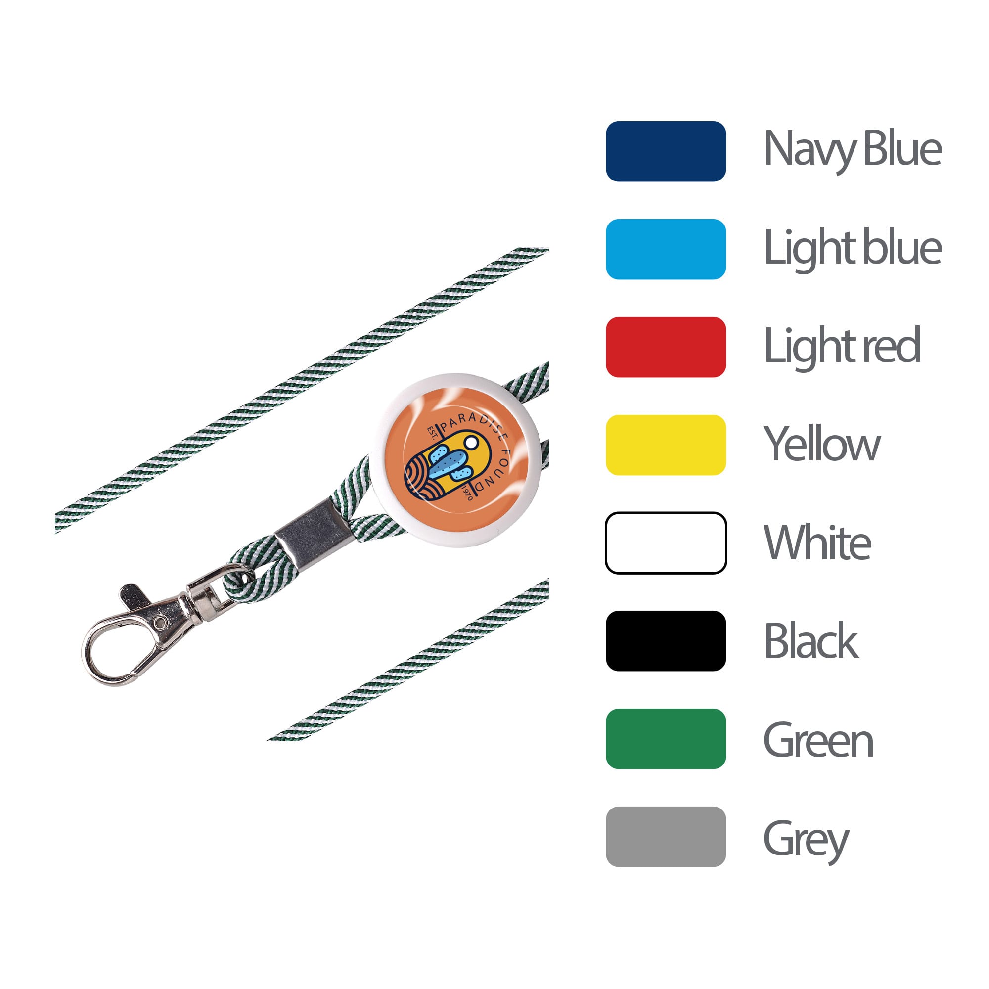 An epoxy domed lanyard with a circular badge, featuring a striped cord and a clasp, available in various colours. Epoxy Domed Lanyard - Image 1