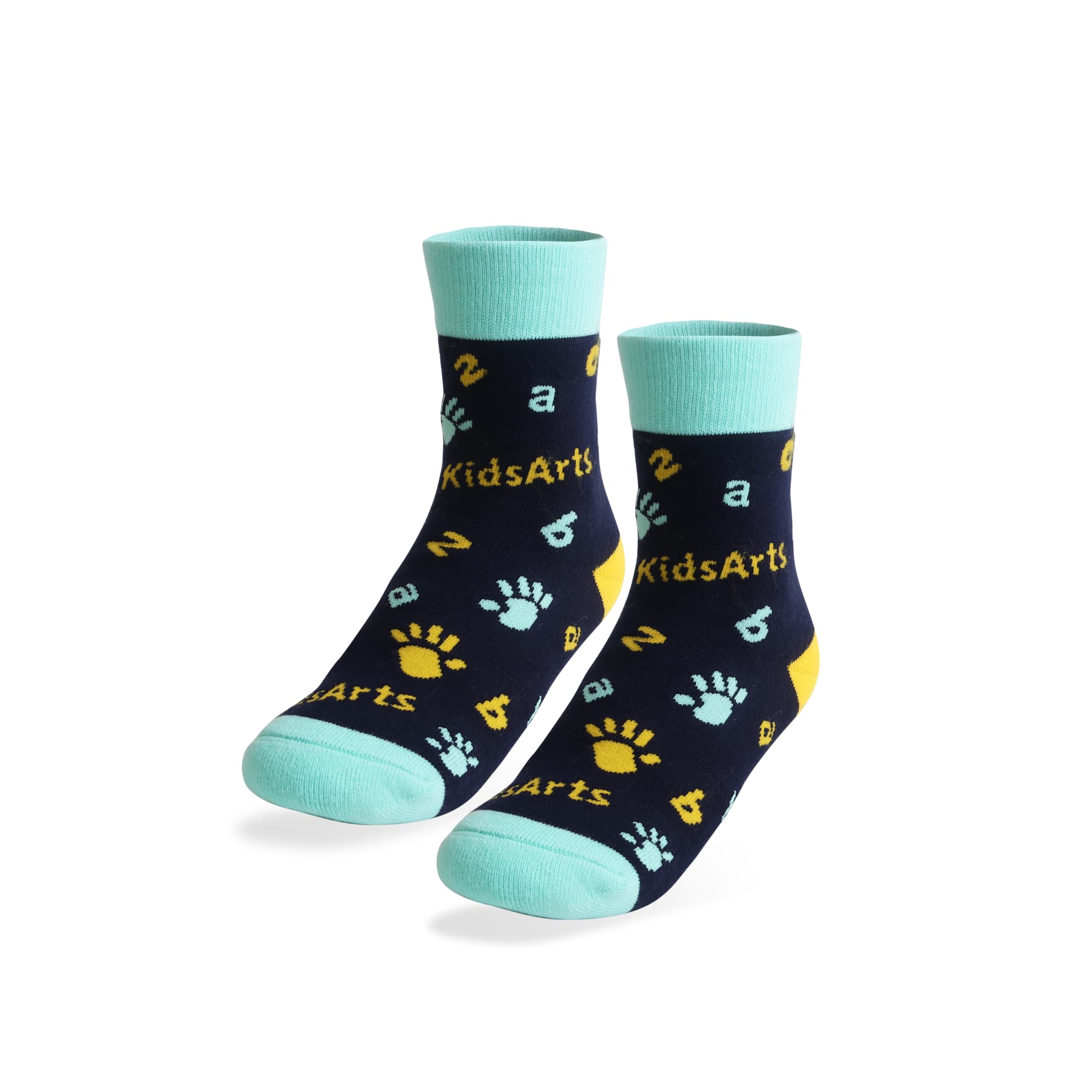Two pairs of navy and mint socks with a playful pattern featuring paws and letters. Includes a logo. Crew Kids Thermal Custom Pattern Socks - Image 1