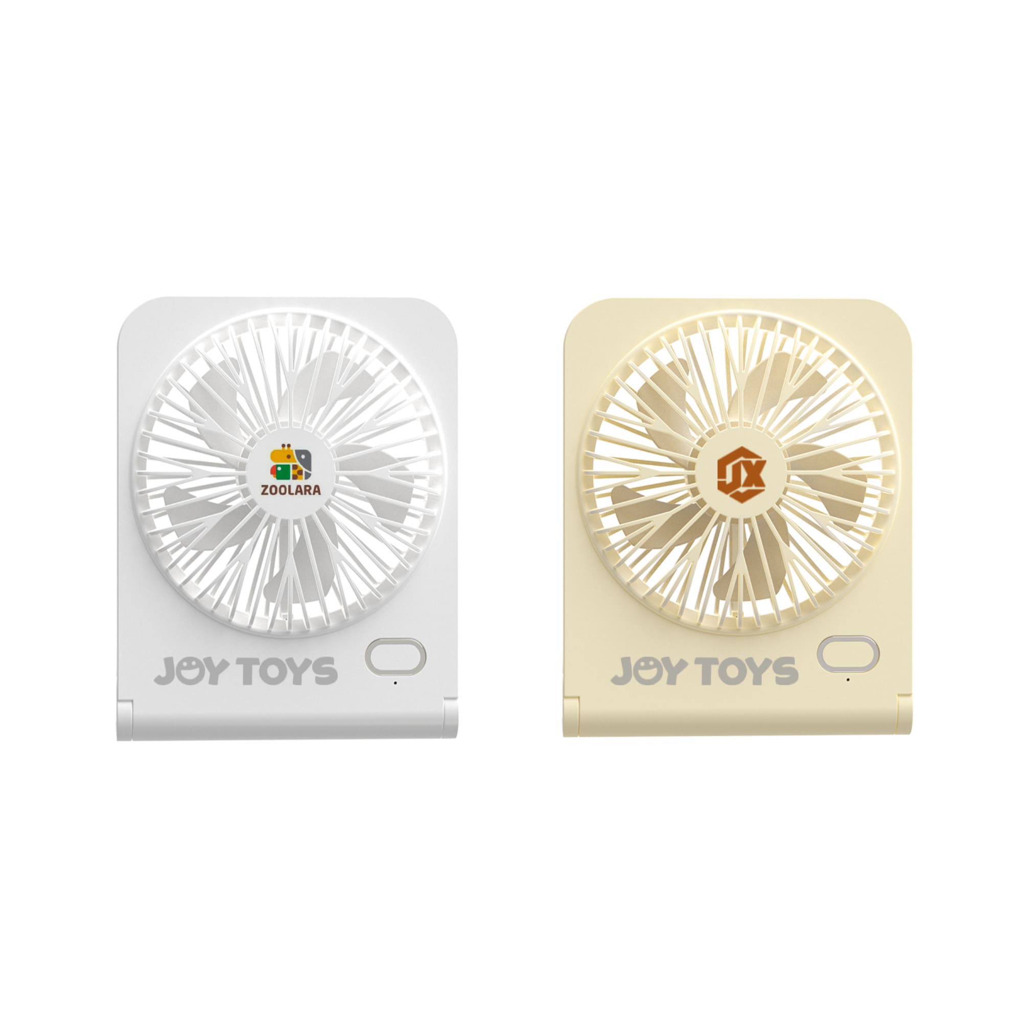 A mini desk fan in white and beige, featuring a logo on each unit. Compact design with a simple, modern look. Mini Desk Fan - Image 1