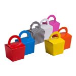 A collection of coloured noodle boxes in red, blue, yellow, orange, pink, and black striped, suitable for holding mints.