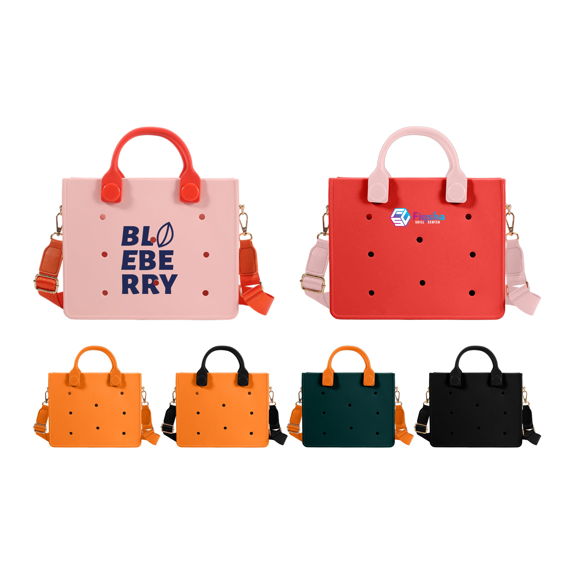 Casual tote bags in pink, red, orange, green, and black with perforated designs and branding. EVA Holes Casual Tote Bag - Image 1