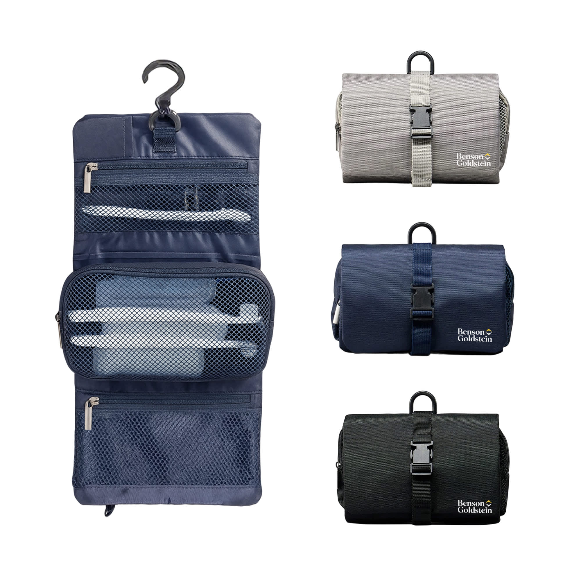A folding travel toiletry bag in grey, navy, and black featuring zipper compartments and a hanging hook. It has a logo. Folding Travel Toiletry Bag - Image 1