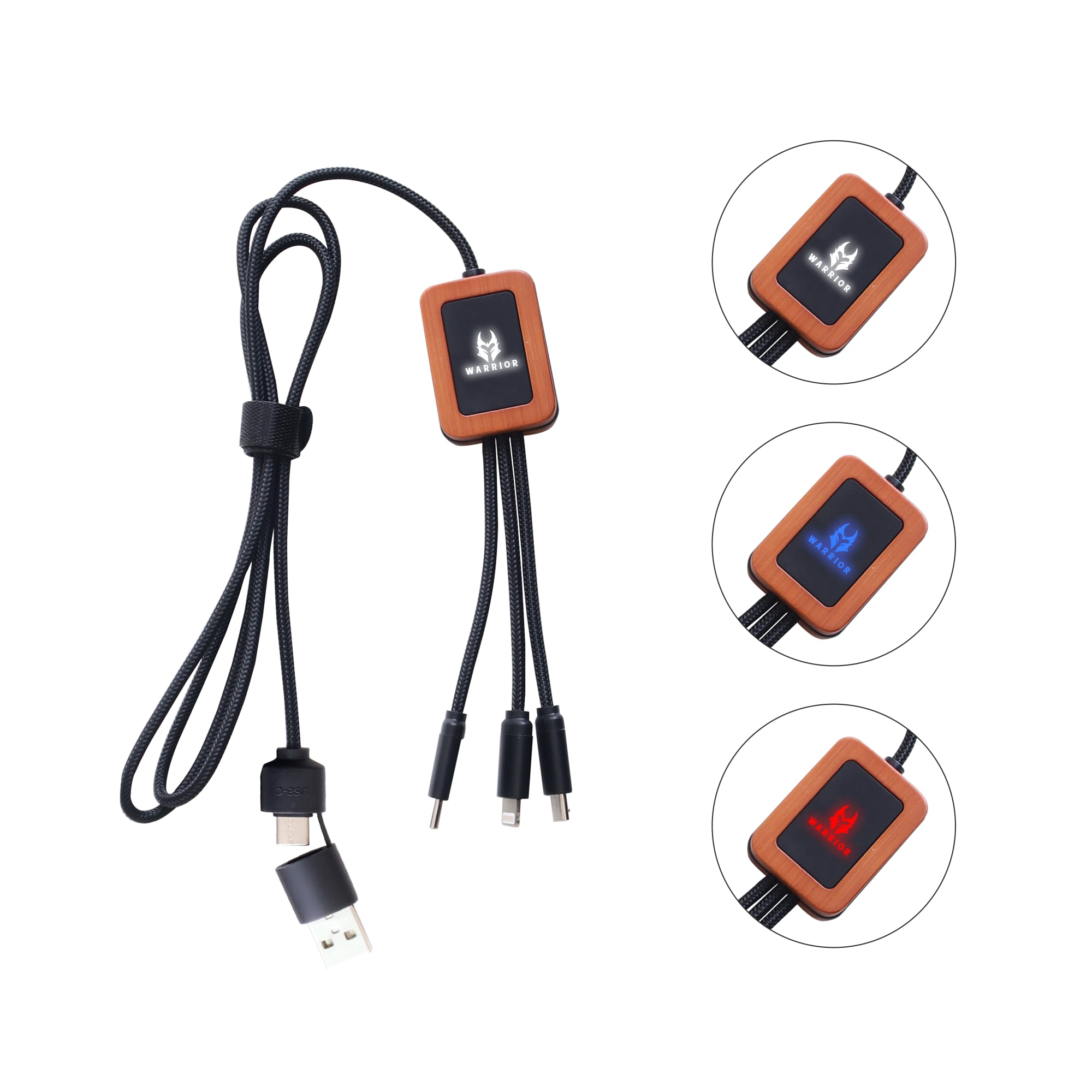 A long light-up charging cable in black and wood finish with multiple charging tips and a logo on the connector. Long Light Up Charging Cable - Square Shape - Image 1