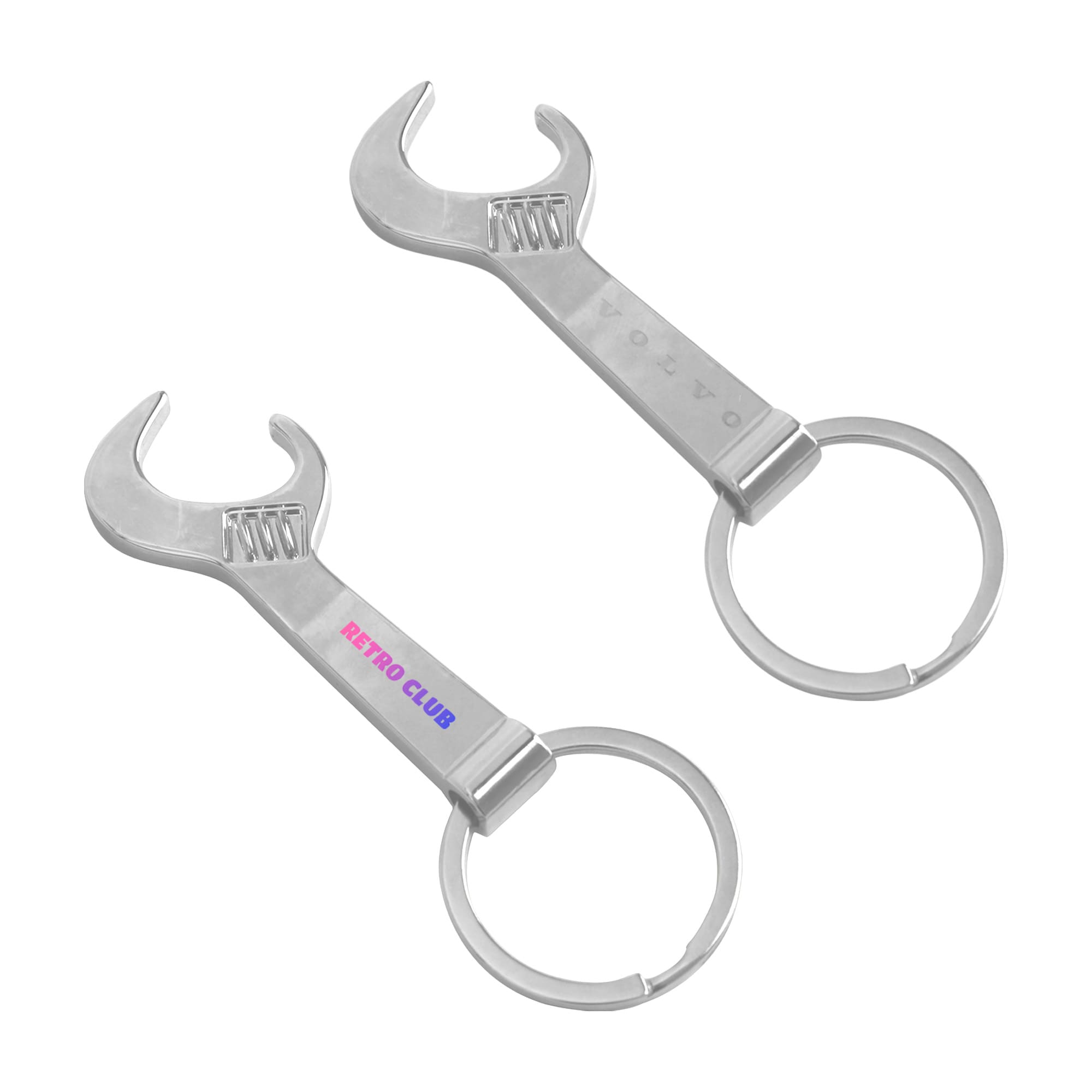 A drink bottle opener in the shape of a silver wrench, featuring a keyring and a logo. Wrench Metal Keyring Bottle Opener - Image 1
