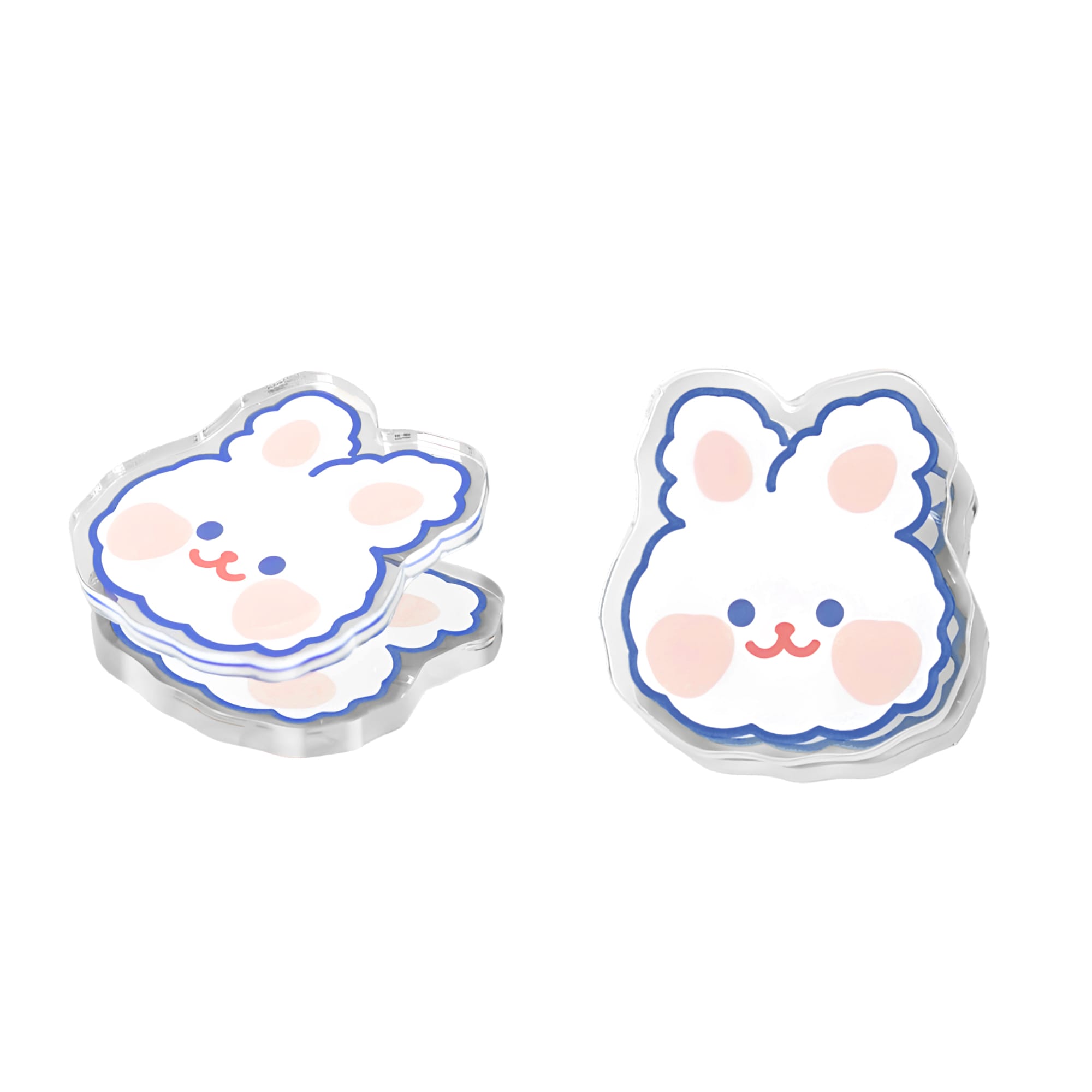 Acrylic UV print clips shaped like cute bunny faces in white, pink, and blue, stacked together. Custom Shape Acrylic UV Print Clip - Image 1