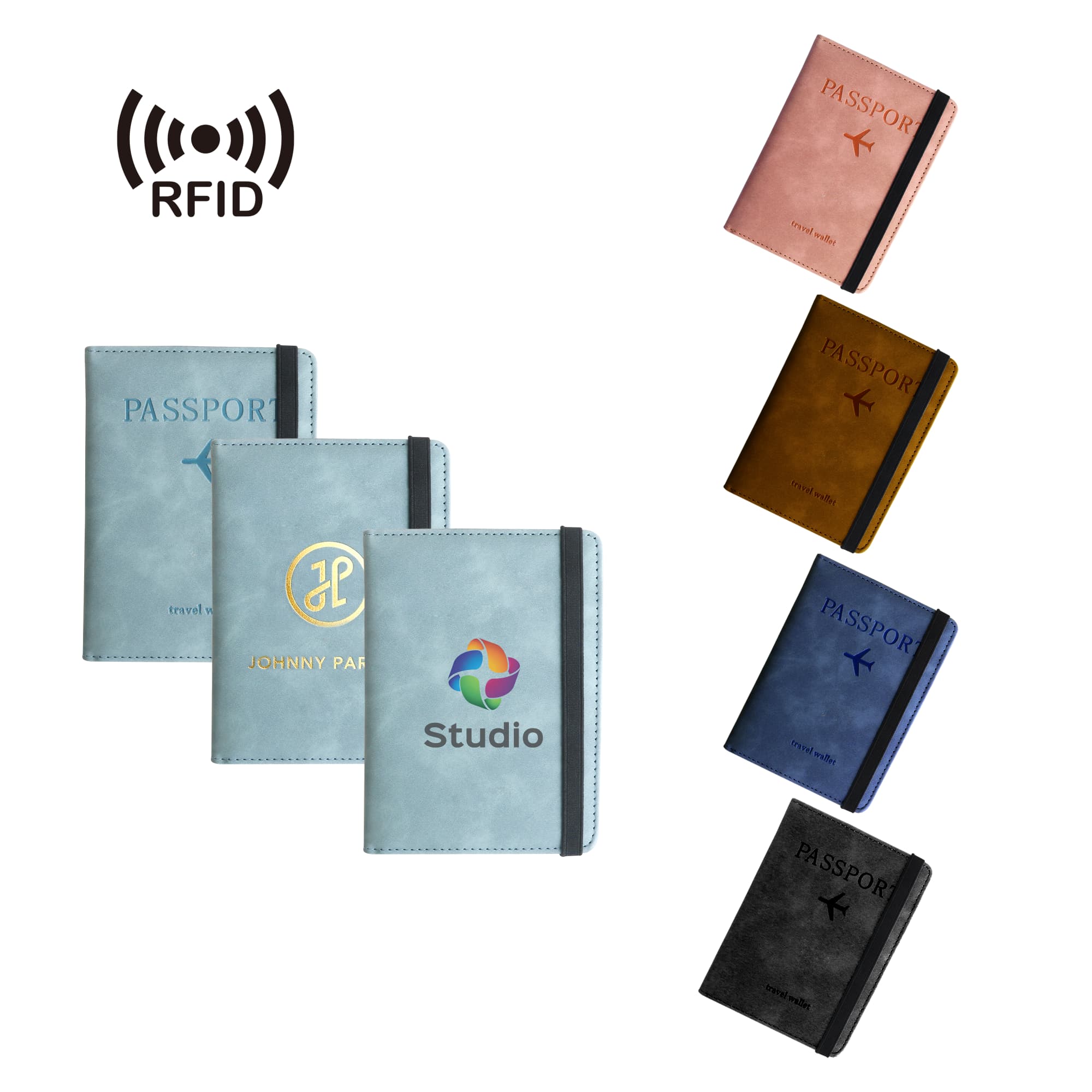 Multifunctional PU leather passport holders in various colours, featuring RFID protection and branding on some. RFID Multifunctional PU Leather Passport Holder - Image 1