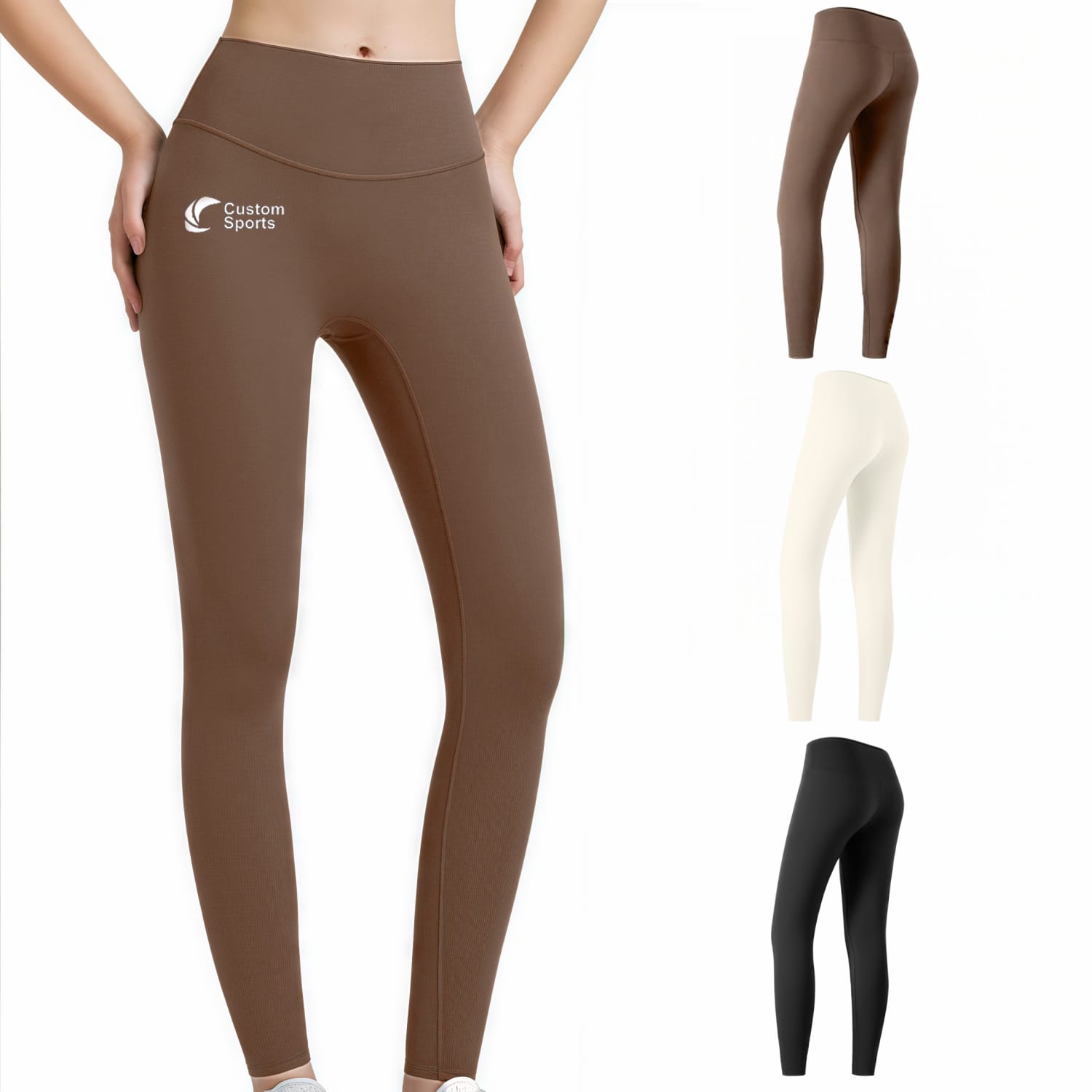 High-waisted elastic LYCRA yoga leggings in brown, white, and black. Features a logo on the brown pair. Women's High-Waisted Elastic LYCRA Yoga Long Leggings - Image 1