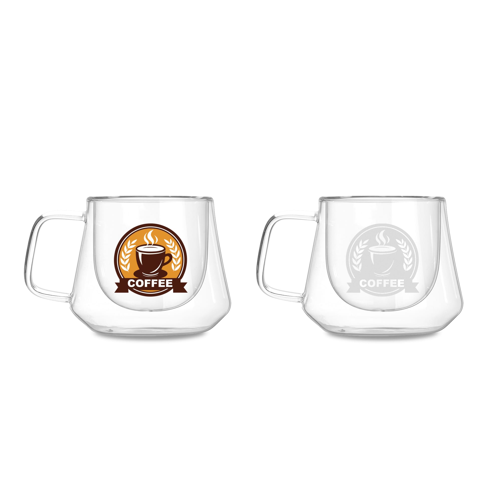 A diamond-shaped double wall glass mug with a handle, featuring a logo on two sides. Diamond Double Wall Glass Mug - Image 1