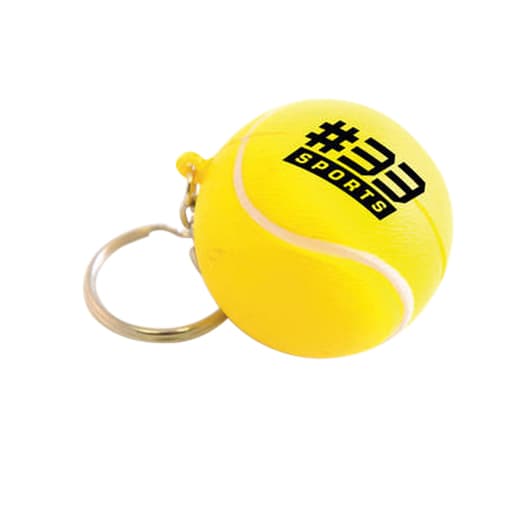 A yellow keyring shaped like a tennis ball, featuring a logo and attached to a metal keyring. Keyring with Tennis Ball Stress Item - Image 1