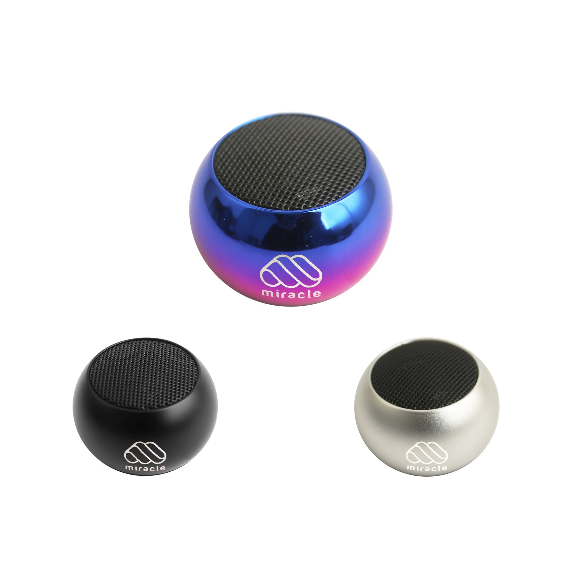 Three Mini Bass Wireless Speakers in blue, black, and silver. Each has a mesh top and a logo on the front. Mini Bass Wireless Speaker - Image 1