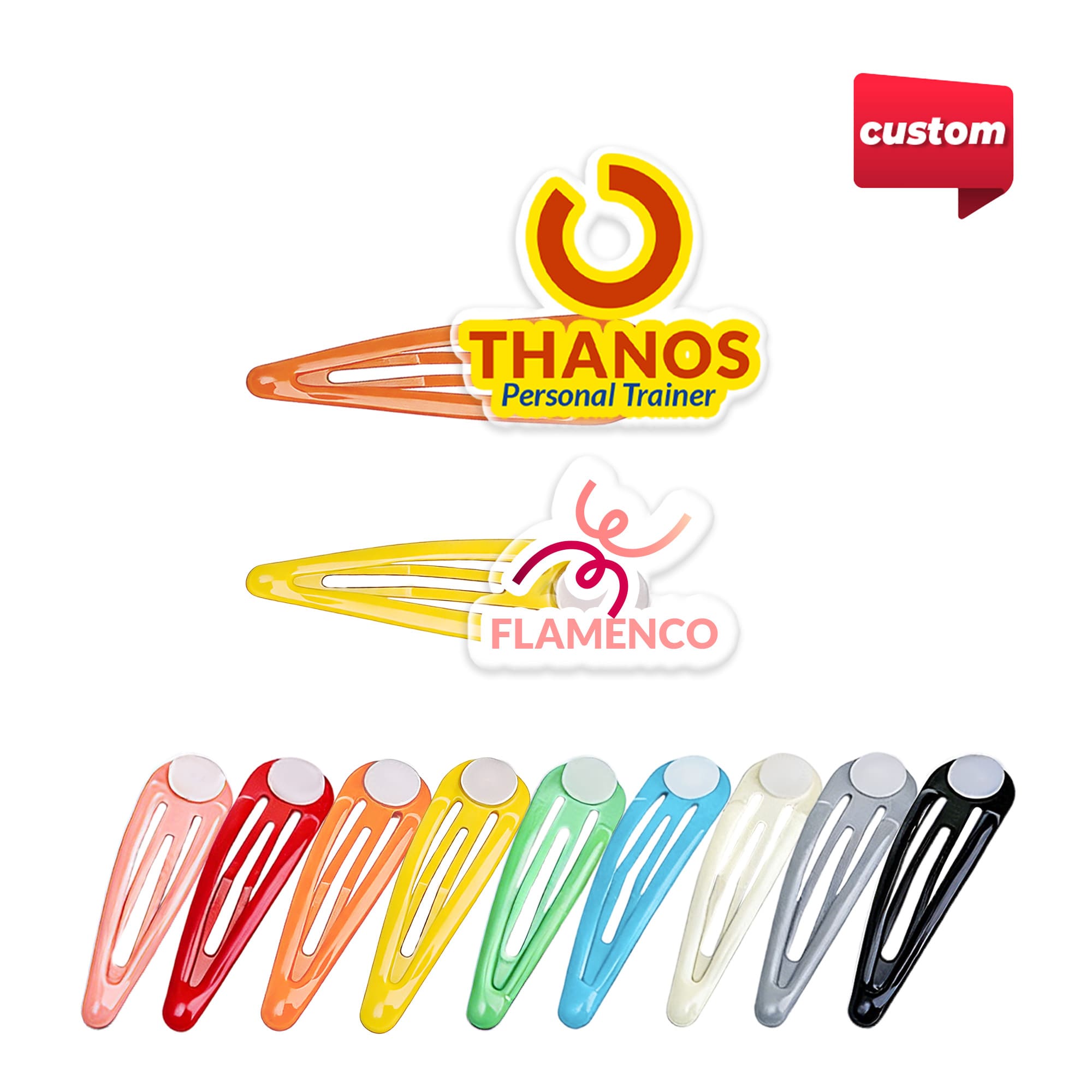 Colourful hair clips in various hues, featuring a logo and branding. Includes orange, red, green, blue, and more. Colourful Felipe Hair Clip - Image 1
