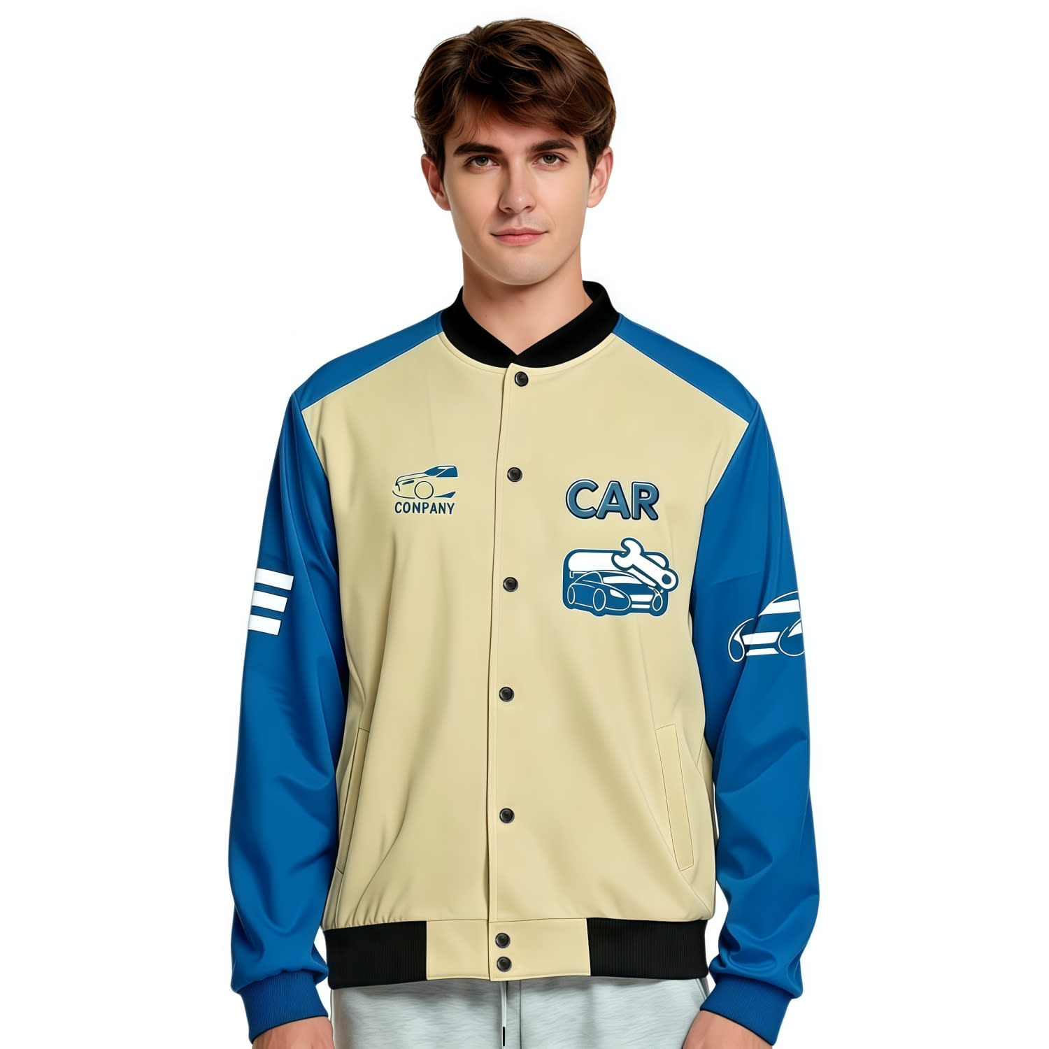 A unisex varsity jacket in beige and blue, featuring a logo and graphic designs on the sleeves. Unisex Polyester Scuba Sublimated Varsity Jacket - Image 1