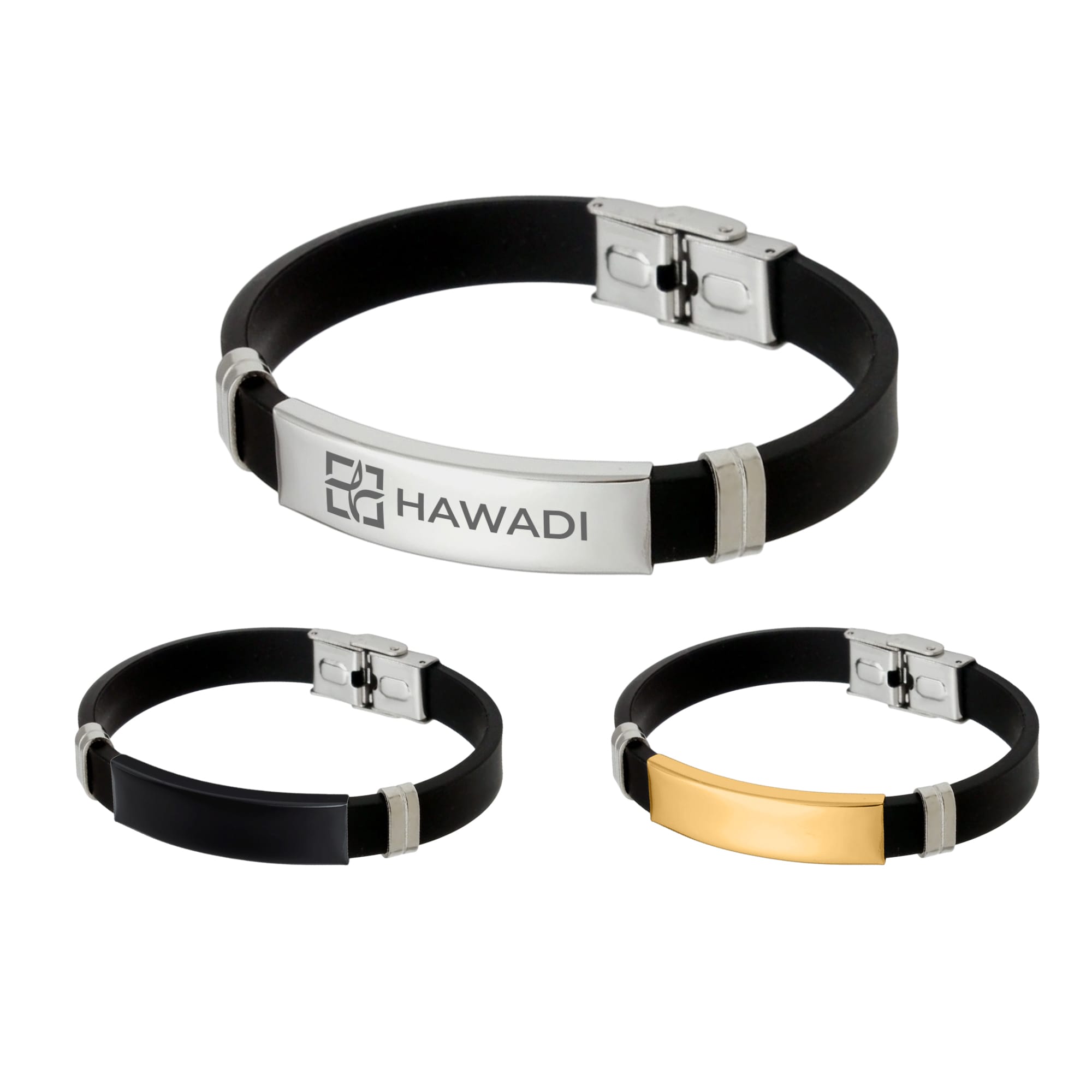 A metal buckle latch bracelet in black with silver and gold accents, featuring a logo on the central metal plate. Metal Buckle Latch Bracelet - Image 1