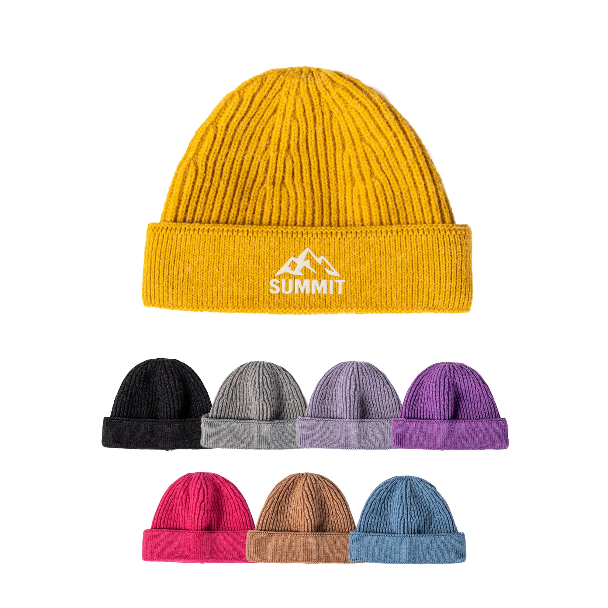 A round beanie in mustard yellow, featuring a logo, with additional beanies in black, grey, purple, and pink. Round Beanie - Image 1