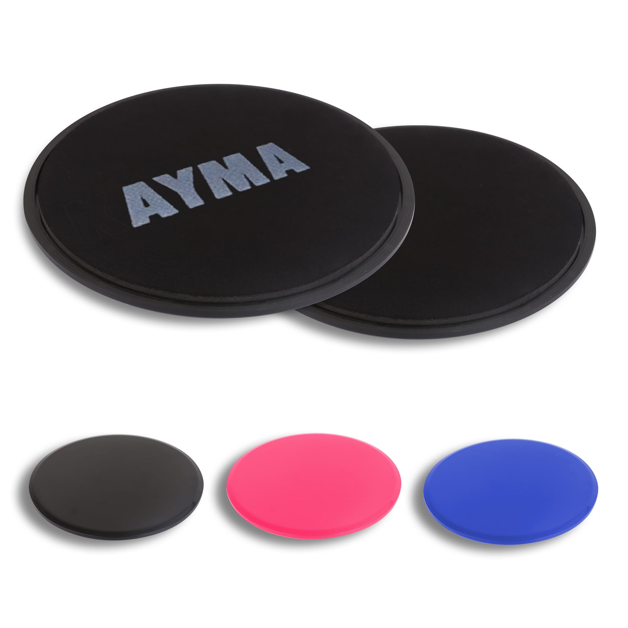 Two yoga sliding disks in black, pink, and blue colours, featuring a logo on the black disk. Yoga Sliding Disk - Image 1