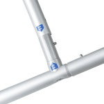 A silver frame corner joint featuring connecting pieces for a display structure. The frame has a smooth finish and blue branding.