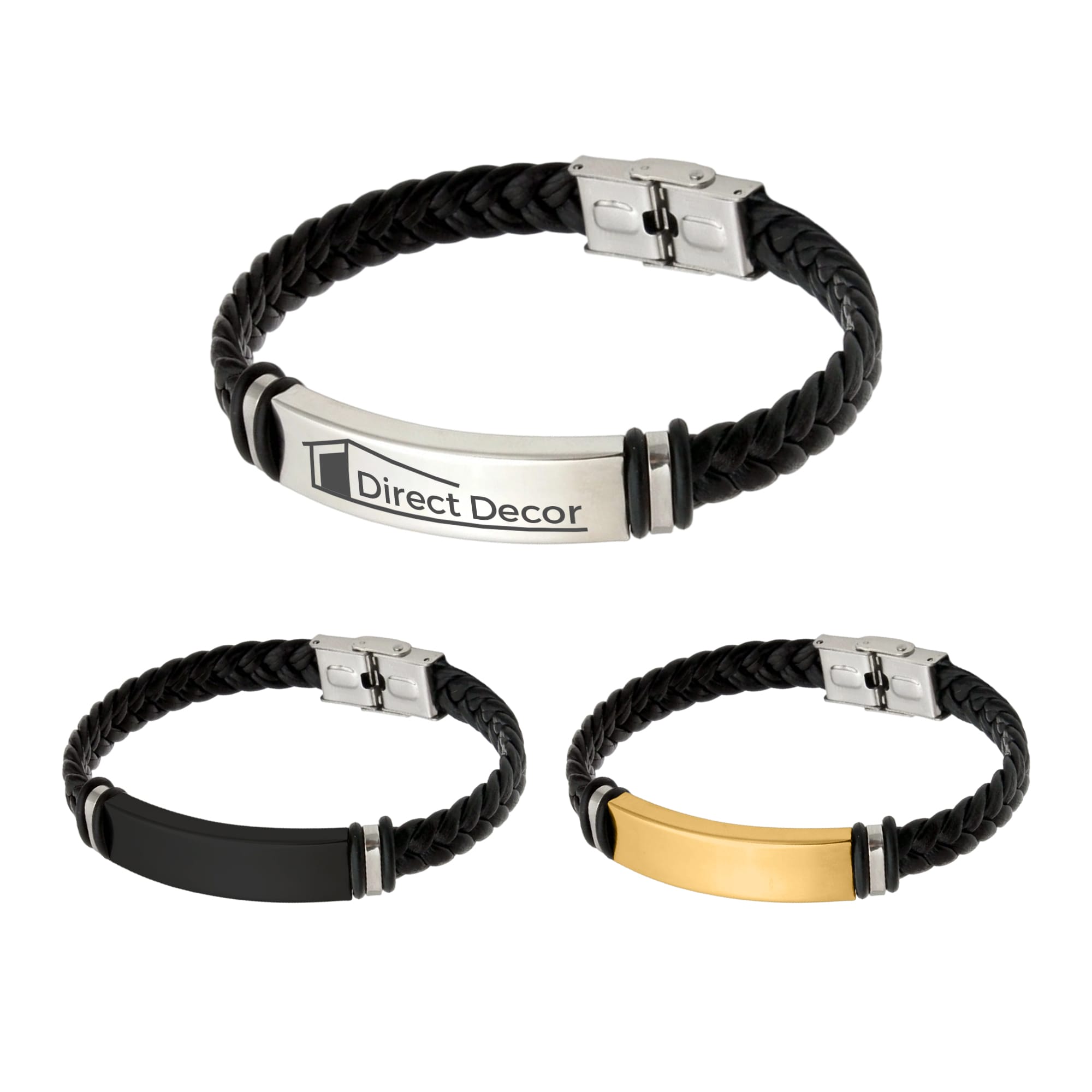 A leather twine bracelet featuring a braided black design with metal accents in silver, gold, and black. It includes a logo. Leather Twine Bracelet - Image 1