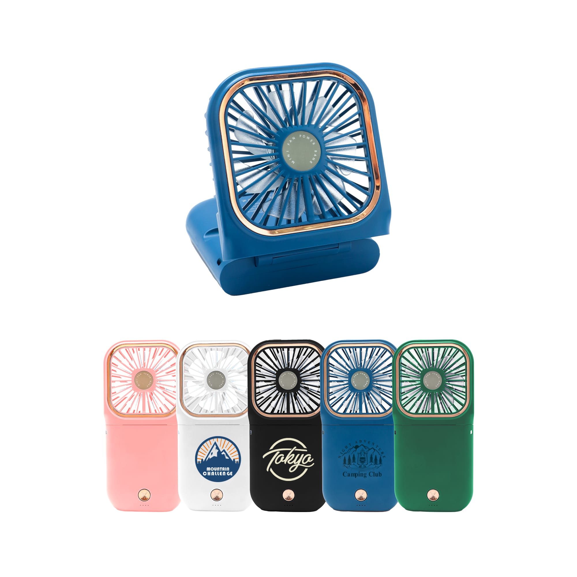 A blue folding neck fan with a phone stand, alongside fans in pink, black, white, and green. Each fan features a visible logo. Folding Neck Fan With Phone Stand - Image 1