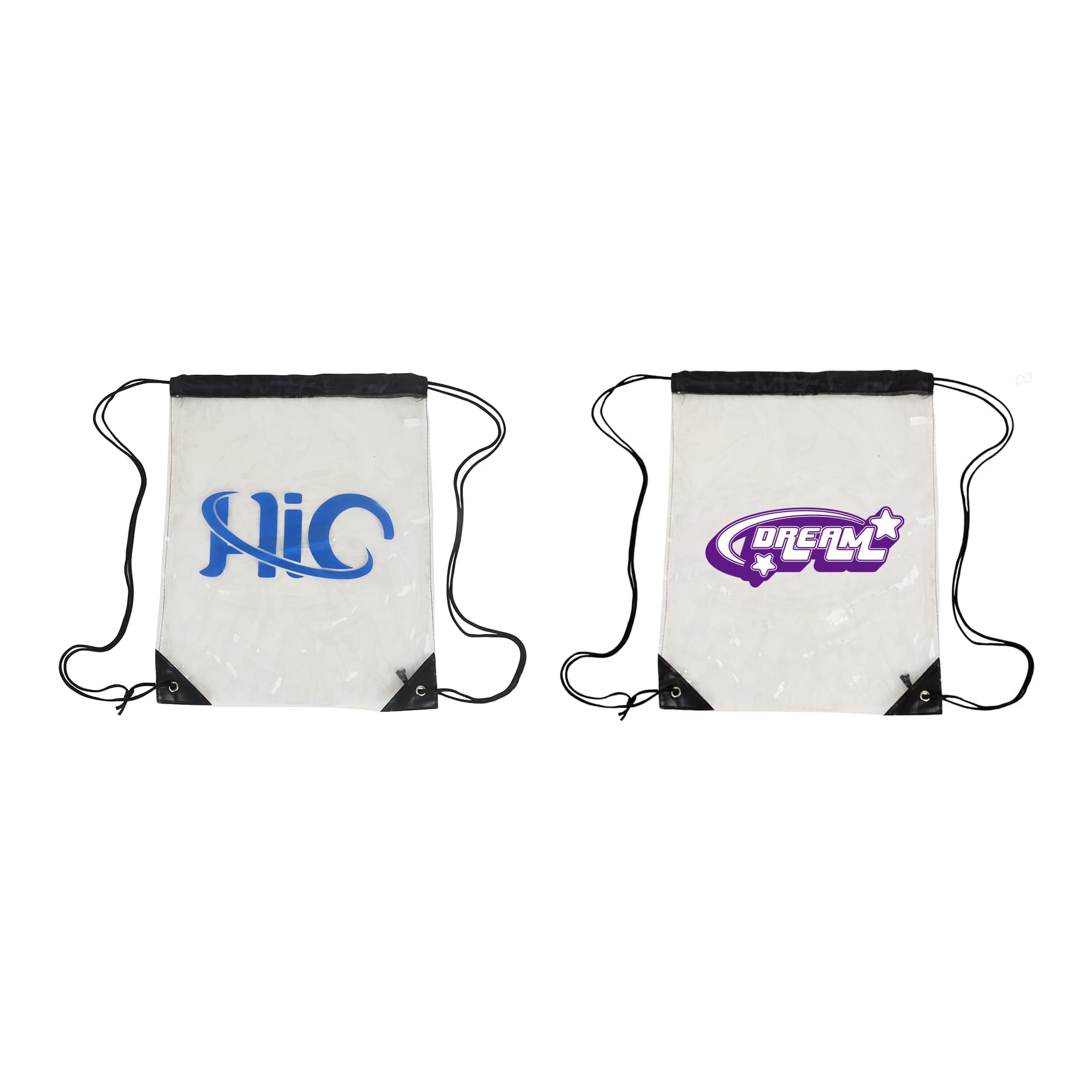 A clear PVC drawstring bag with black accents and logos displayed on both sides. Clear PVC Drawstring Bag - Image 1