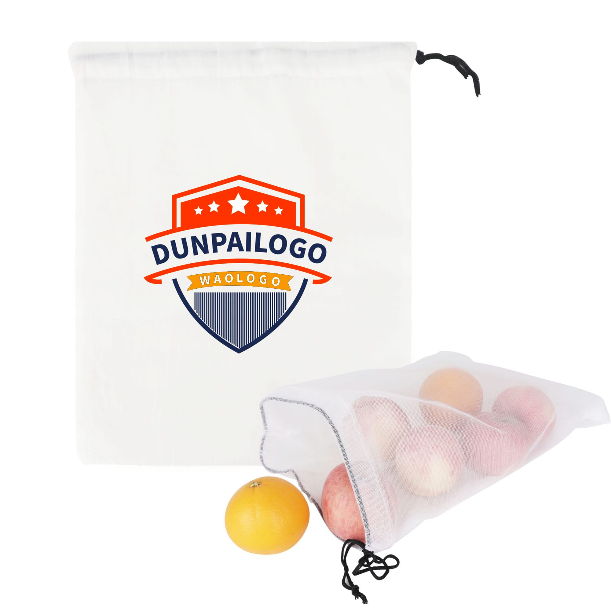 A beige cotton mesh produce bag with a drawstring, containing assorted fruits like apples and an orange. Cotton Mesh Produce Bag - Image 1