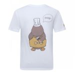 A white cotton t-shirt featuring a cartoon platypus wearing a chef's hat and apron with a speech bubble.