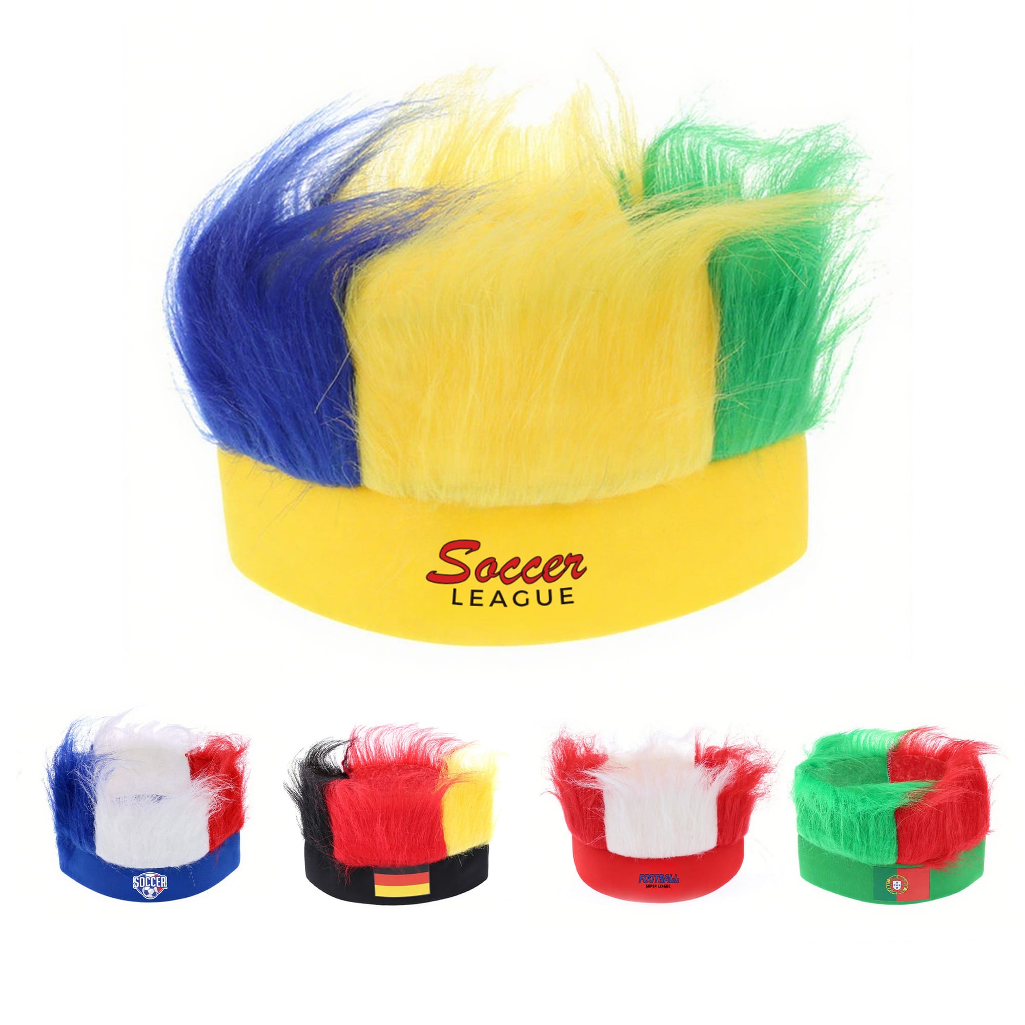 A headband wig with green, yellow, blue, white, and red synthetic hair, featuring a logo on the band. 3 Colors Headband Wig - Image 1