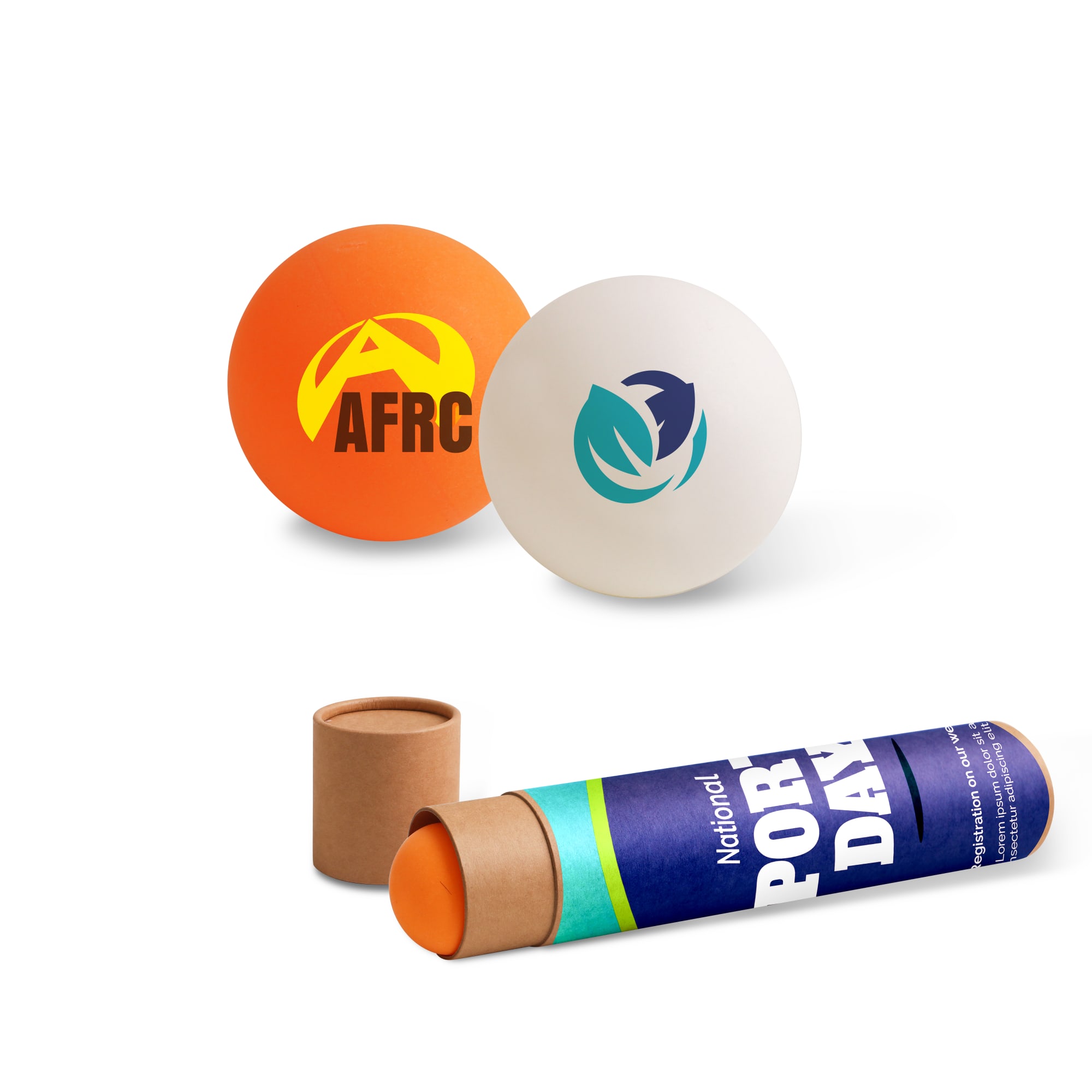 A table tennis ball set featuring two balls in orange and white, packaged in a cylindrical cardboard tube. Table Tennis Ball Set (6pcs) - Image 1