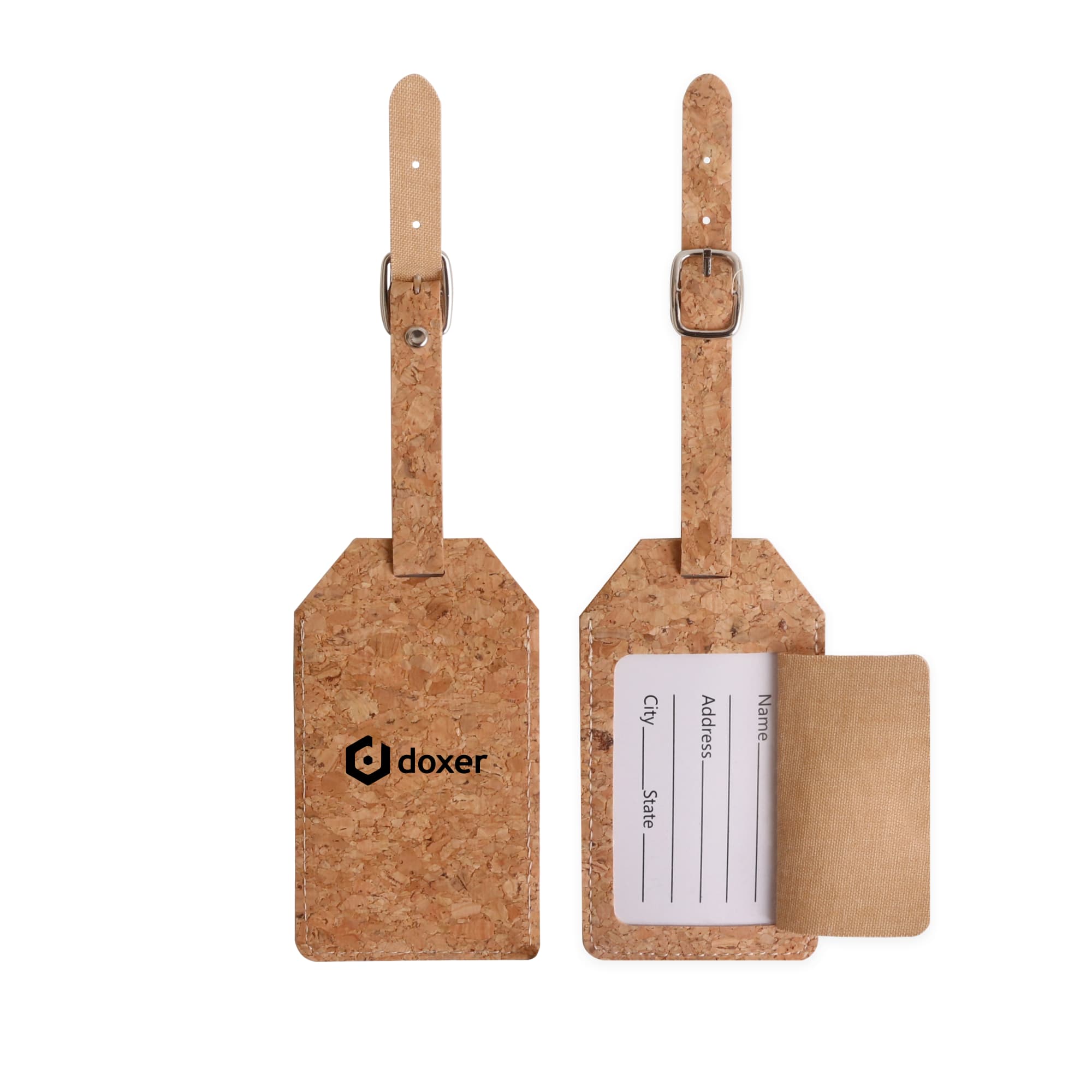 A cork luggage tag featuring a natural cork surface, a leather strap, and a pocket for information. Cork Luggage Tag - Image 1