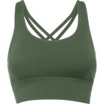 A green cropped tank top with criss-cross straps at the back and a smooth finish. It has a simple design and branding.