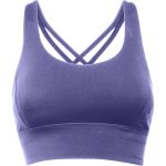A purple cropped tank top featuring decorative cross-back straps and a fitted design. It has a logo.