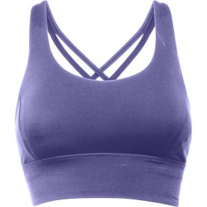 A purple cropped tank top featuring decorative cross-back straps and a fitted design. It has a logo.