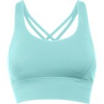 A mint green cropped tank top with a sporty design and crisscross straps on the back. It has a logo.