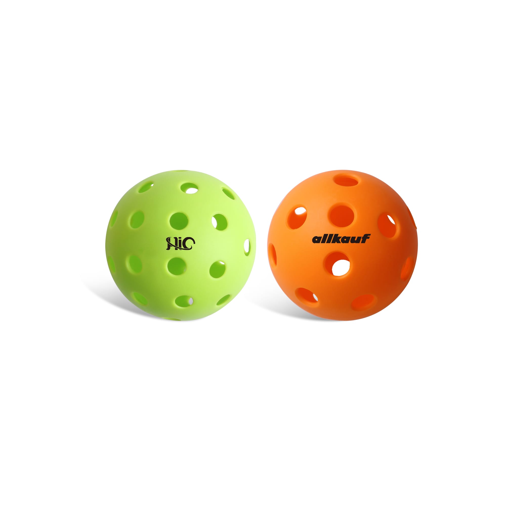 Two pickleball balls, one green and one orange, both featuring multiple holes and a logo on the green ball. Pickleball - Image 1