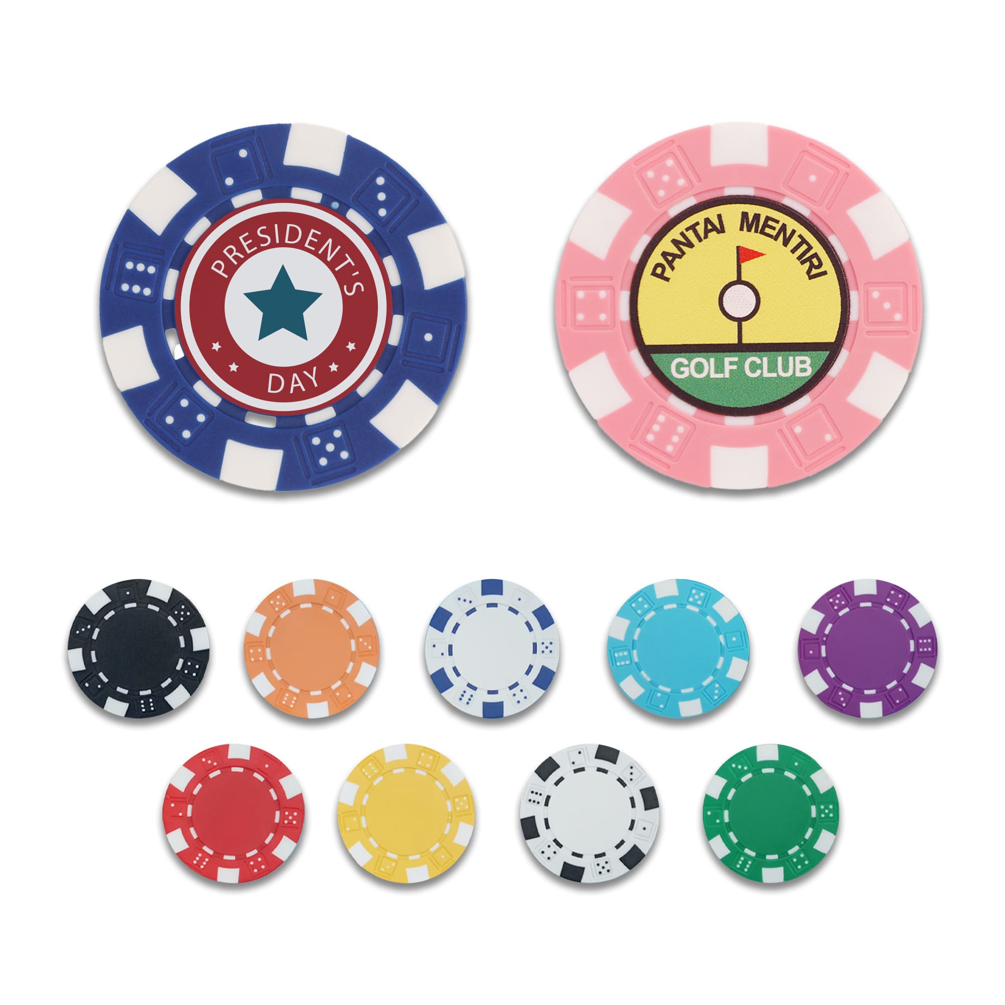 A set of ABS poker chips in various colours, featuring different designs and a logo on one chip. ABS Poker Chips - Image 1