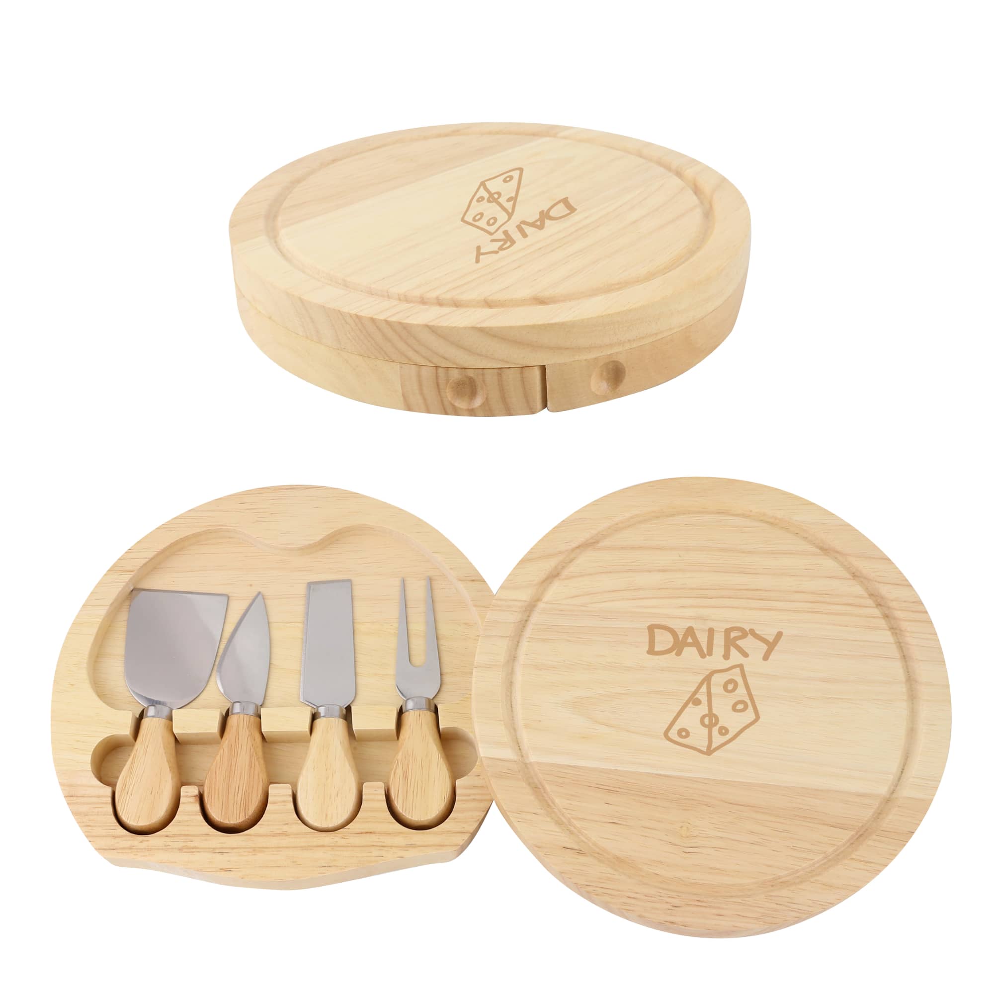 A wooden cheese board set in light wood, featuring four stainless steel cheese knives with wooden handles. Cheese Board Set - Image 1