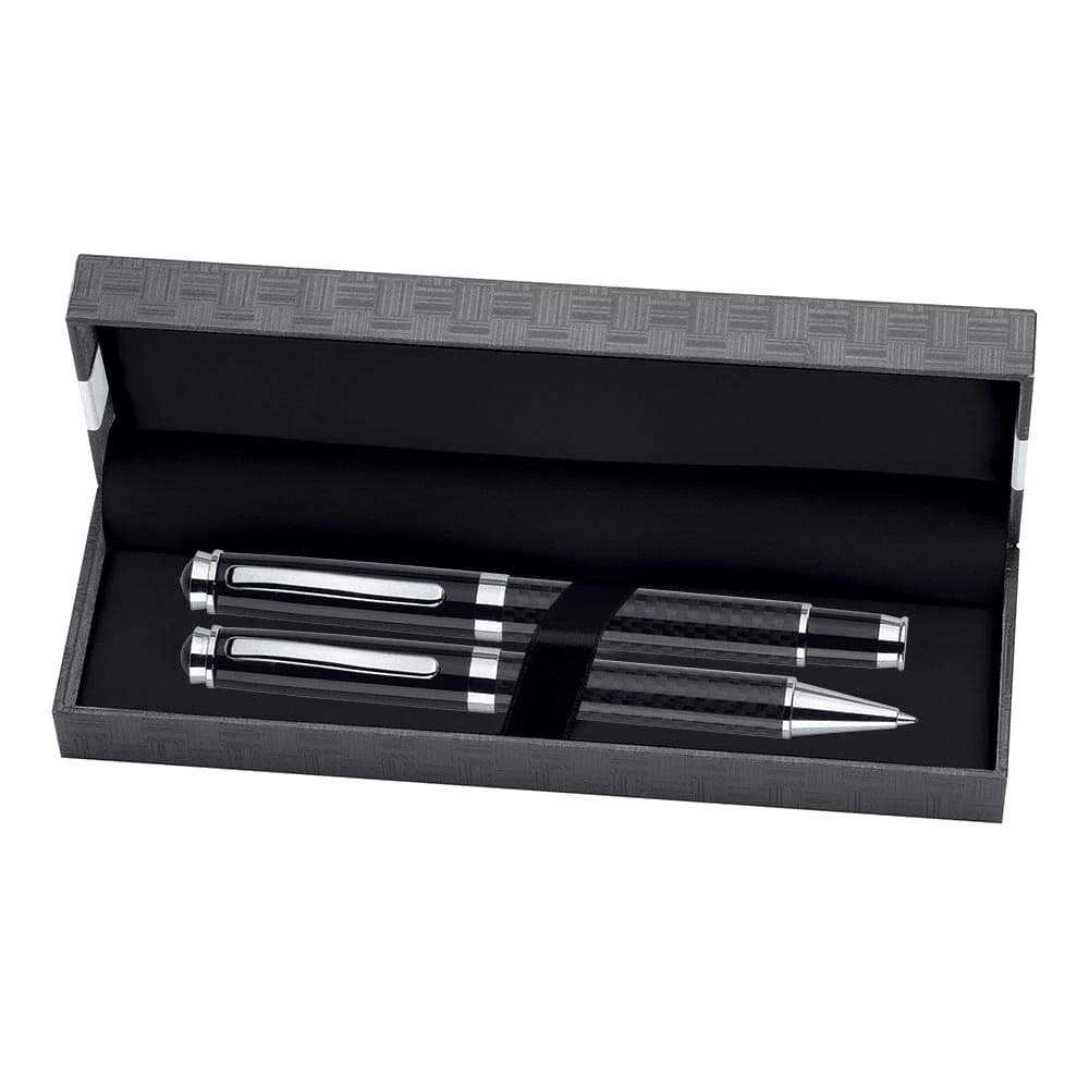 A sleek black pen box containing a matching rollerball and ballpoint pen, with a textured exterior and a soft interior. Double/Single Pen Box - Image 1