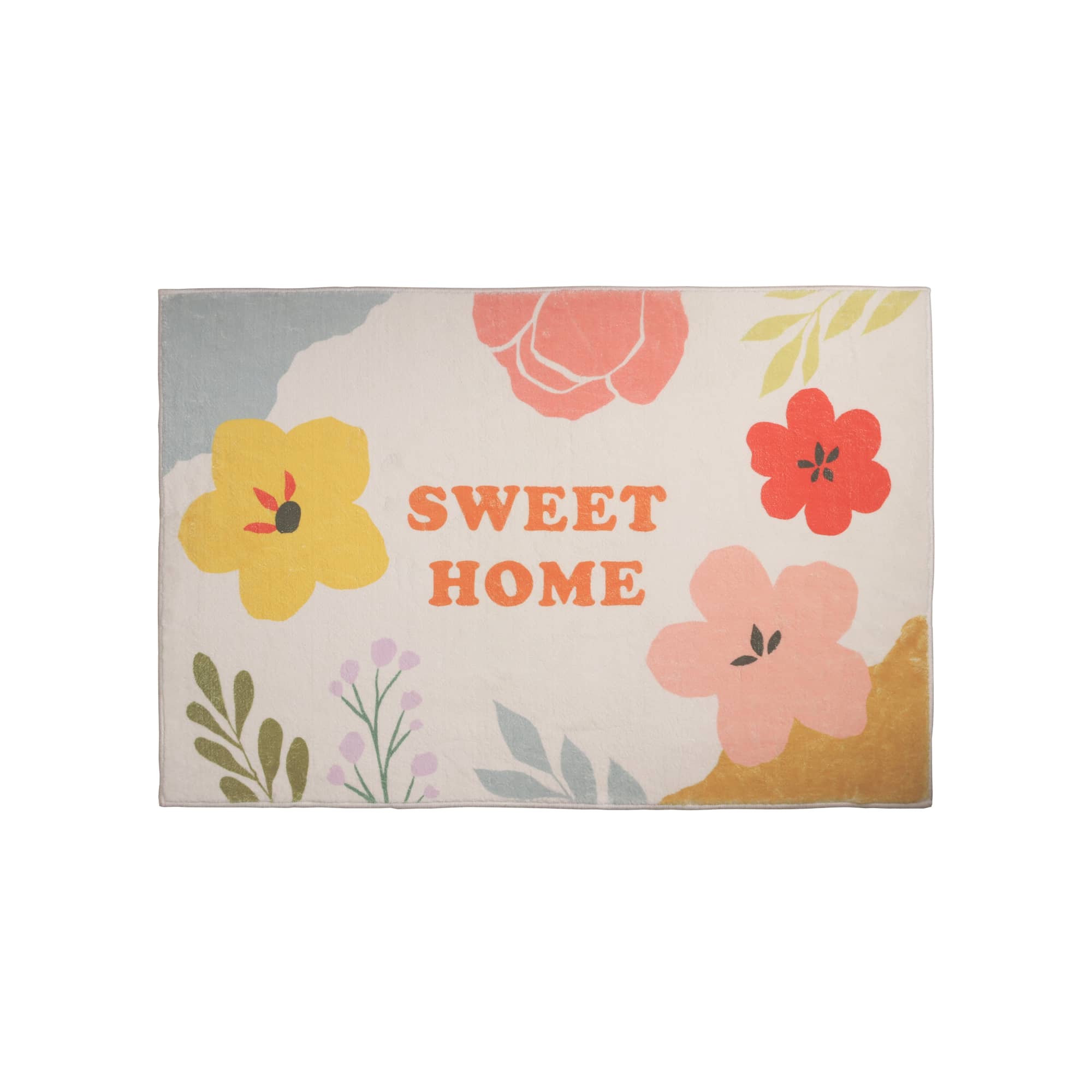 A floral plush logo mat in pastel colours featuring various flowers and the phrase "SWEET HOME." Plush Logo Mat - Image 1