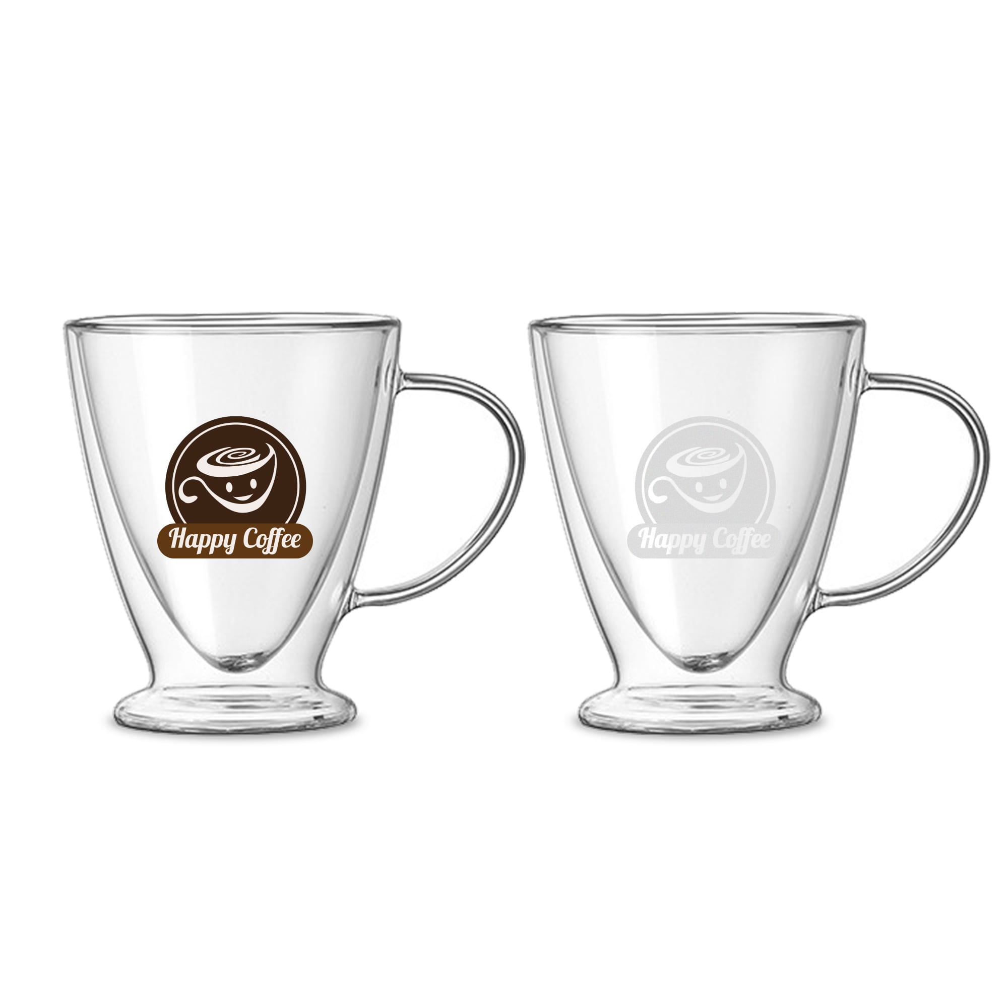 A V-shaped double wall mug in clear glass with a logo, featuring an elegant handle and a contemporary design. V-Shaped Double Wall Mug - Image 1
