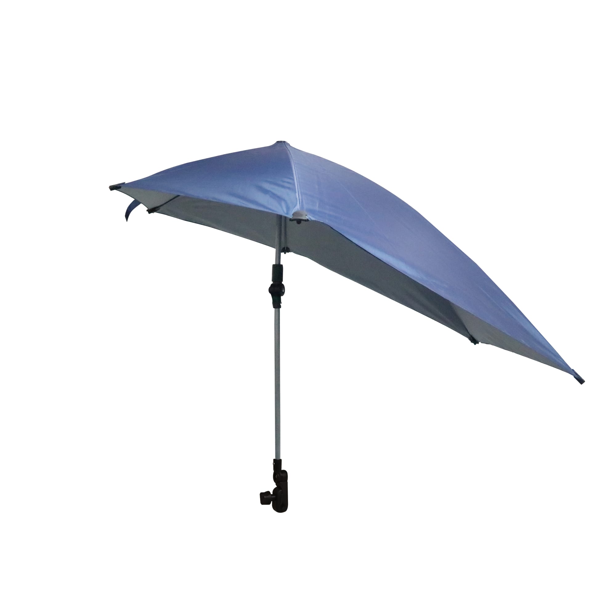 A blue adjustable umbrella with a universal clamp for attaching to various surfaces. Features a sturdy pole and sleek design. Adjustable Umbrella with Universal Clamp - Image 1