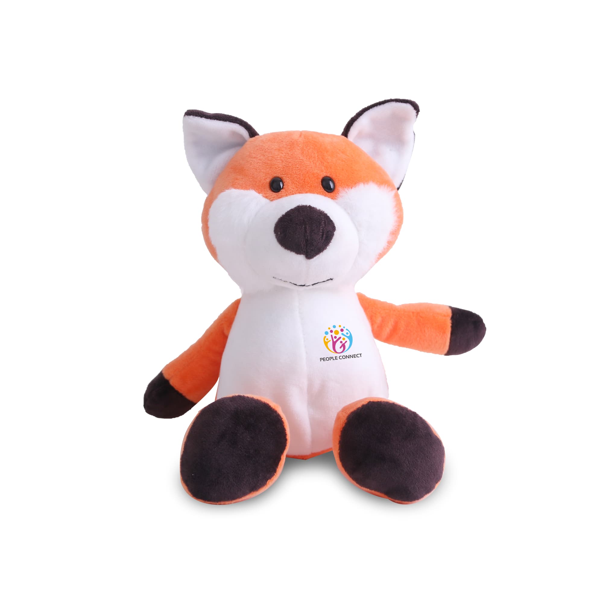 An orange and white fox plush toy with a soft fabric finish and a printed logo. Features black paws and ears. Fox Plush Toy - Image 1