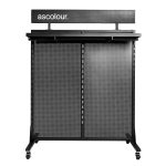 A black display gondola with perforated panels, featuring a top section with branding and wheels for mobility.