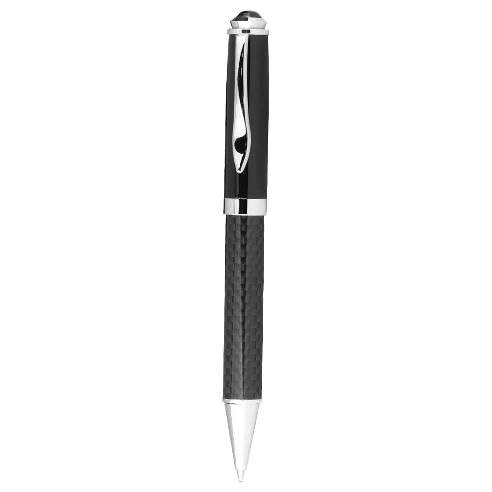 A black carbon fibre ballpoint pen with silver accents and a polished clip, featuring a logo. Carbon Fibre Ballpoint Pen - Image 1