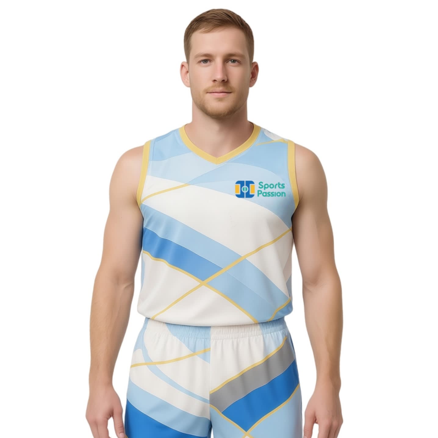 A sleeveless sport jersey in blue and white with a geometric pattern and logo on the front. 100% Polyester Sublimated Breathable Small V-Neck Sleeveless Sport Jersey - Image 1