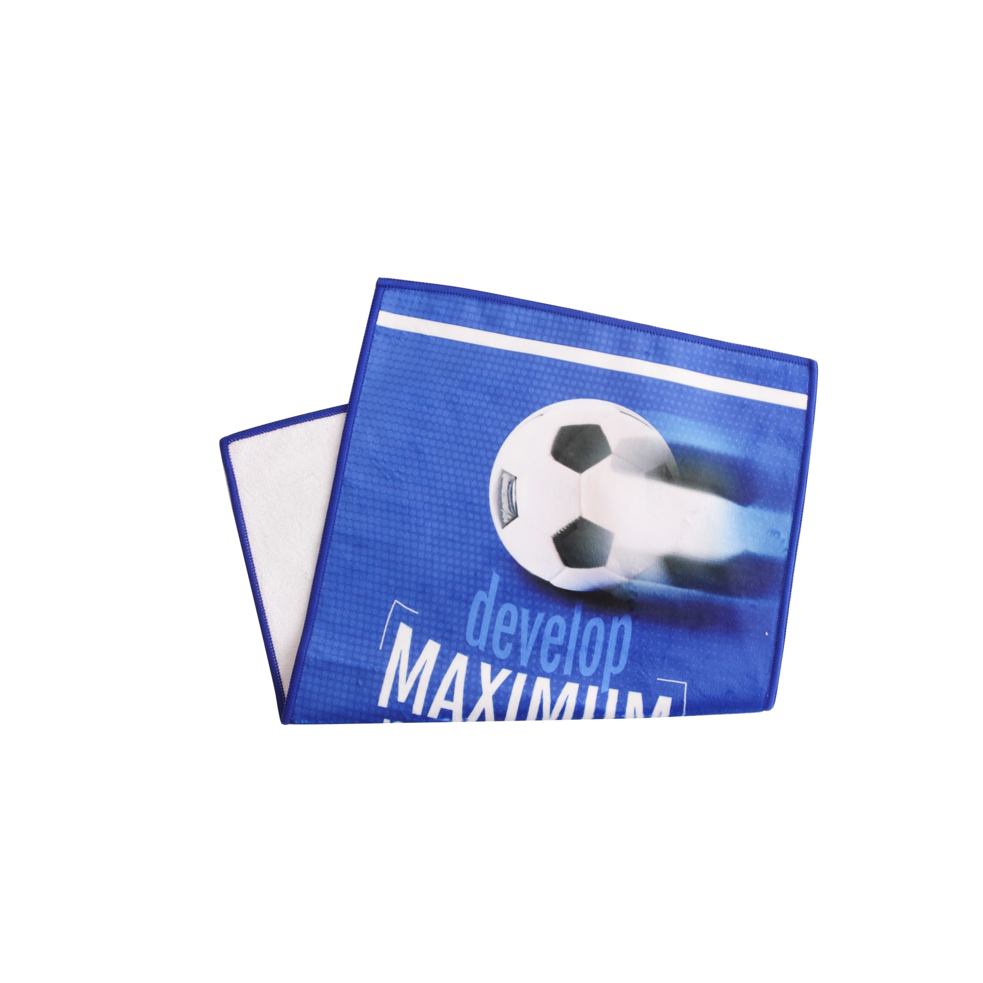 A blue sports towel featuring a football design and a logo, measuring 30x50cm. Colour Sports Towel (30x50cm) - Image 1
