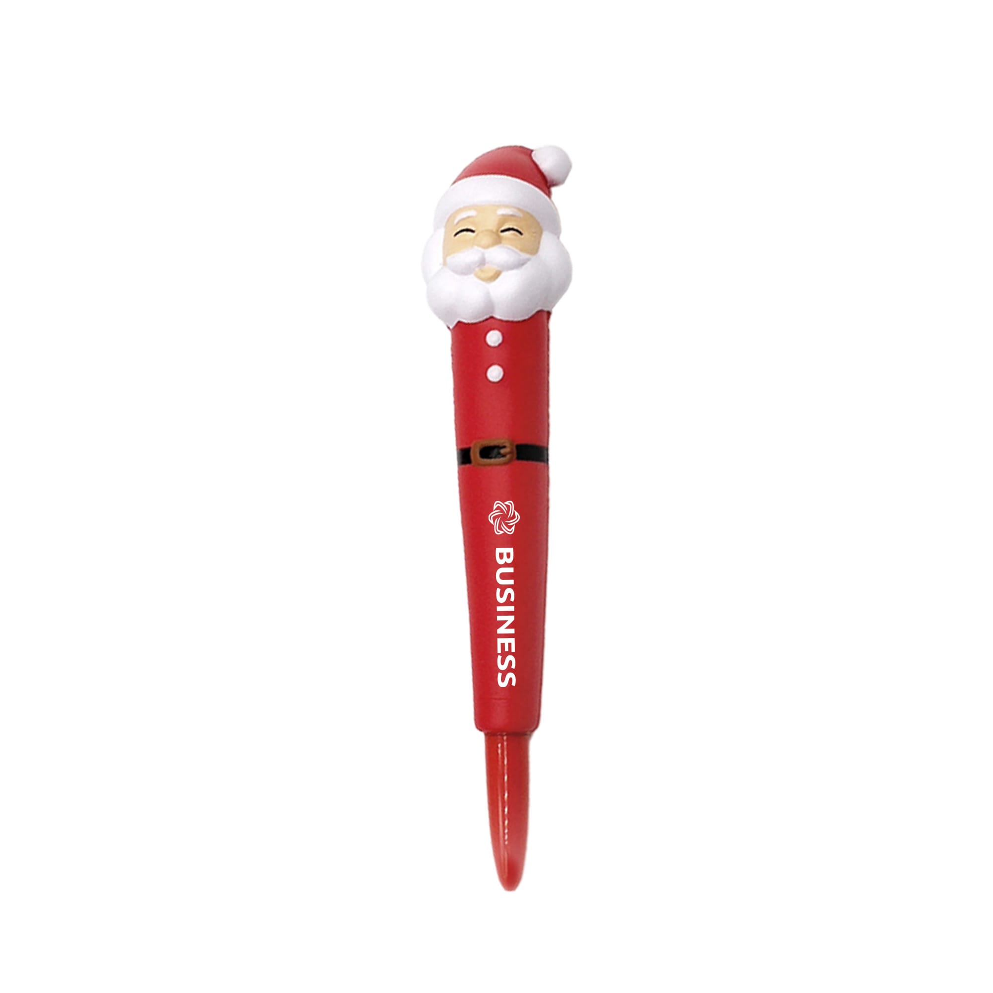 A red pen featuring a Santa head stress reliever at the top, with a logo on the barrel. Pen with Santa Stress Reliever - Image 1