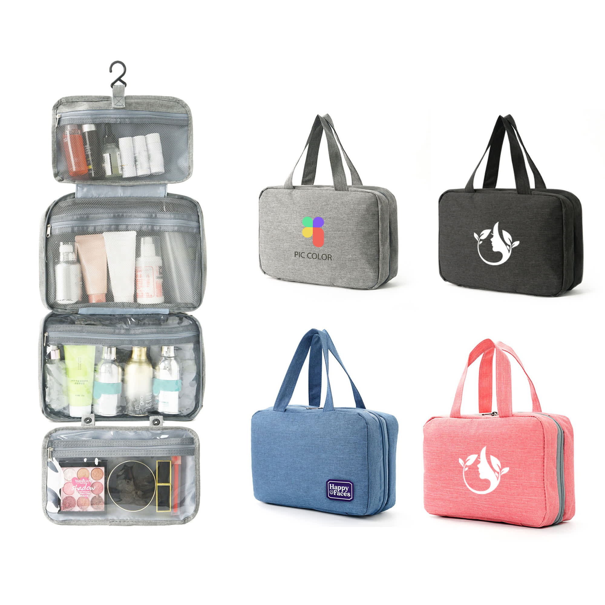A large capacity hanging toiletry bag in grey, pink, and blue, featuring multiple compartments and a branding logo. Large Capacity Hanging Toiletry Bag - Image 1