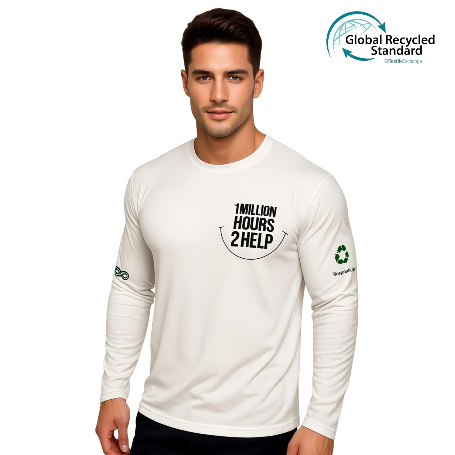 A male model wearing a white long-sleeve crew neck shirt made from RPET micro mesh, featuring a logo and branding. Unisex Adults RPET Micro Mesh Sublimated Crew Neck Long Sleeves Shirt - Image 1