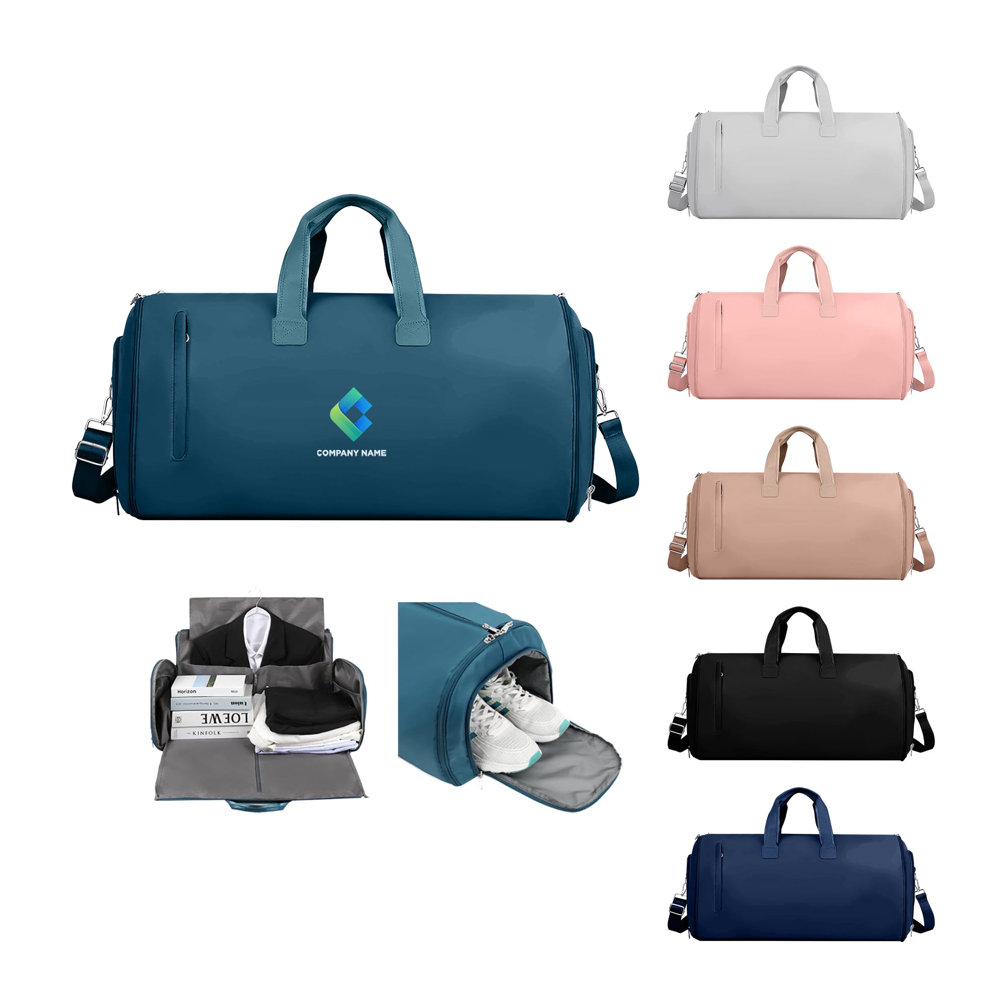 A convertible duffel bag in various colours, including teal, grey, pink, and black, featuring a logo and interior compartment. Convertible Duffel Garment Bag - Image 1