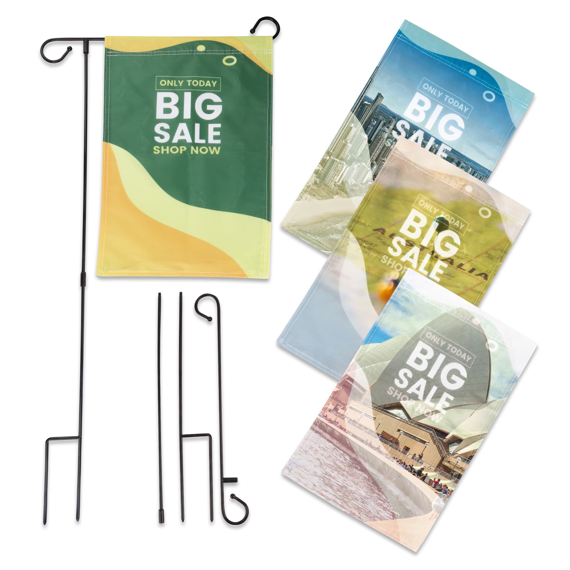 A garden flag set featuring four colourful flags and a black metal stand for display. Garden Flag - Image 1