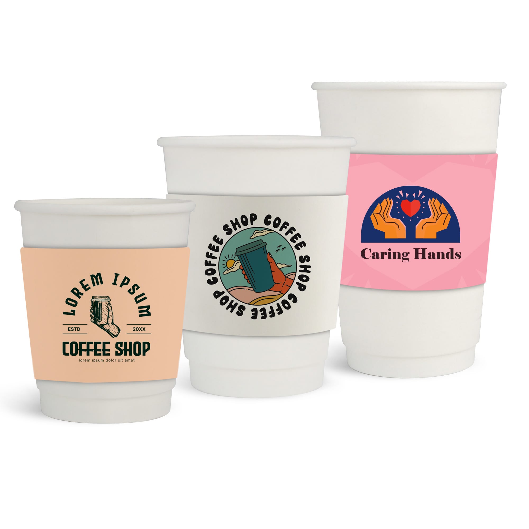 A set of white double wall paper cups with cup sleeves in various sizes and designs, featuring logos and colourful artwork. Home Compostable Aqueous Double Wall Paper Cups with Cup Sleeve - Image 1